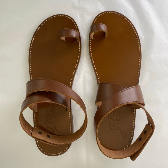 J. Crew Leather Ankle Wrap Sandals Size 10.5 Tan Brown Flat Minimalist Neutral - Picture 4 of 10